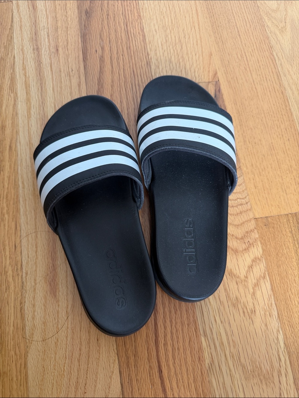 Adidas Black Slip-On Slides with White Stripes